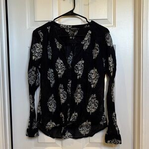 Lucky Brand Sheer Black and Cream Floral Patterned Blouse